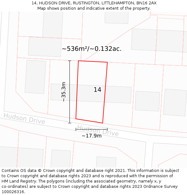 14, HUDSON DRIVE, RUSTINGTON, LITTLEHAMPTON, BN16 2AX: Plot and title map