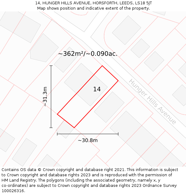 14, HUNGER HILLS AVENUE, HORSFORTH, LEEDS, LS18 5JT: Plot and title map