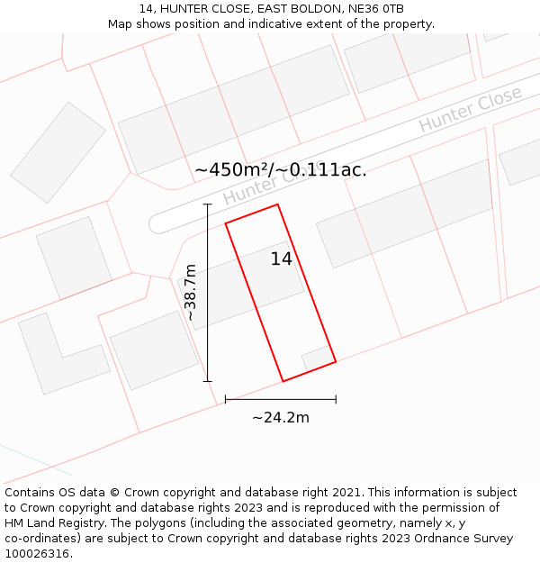 14, HUNTER CLOSE, EAST BOLDON, NE36 0TB: Plot and title map