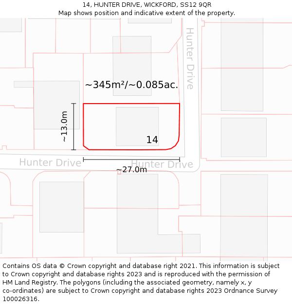 14, HUNTER DRIVE, WICKFORD, SS12 9QR: Plot and title map