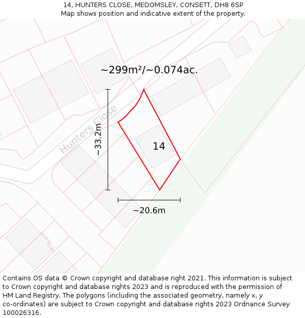 14, HUNTERS CLOSE, MEDOMSLEY, CONSETT, DH8 6SP: Plot and title map