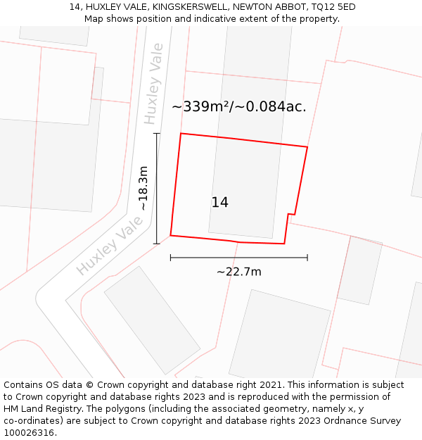 14, HUXLEY VALE, KINGSKERSWELL, NEWTON ABBOT, TQ12 5ED: Plot and title map