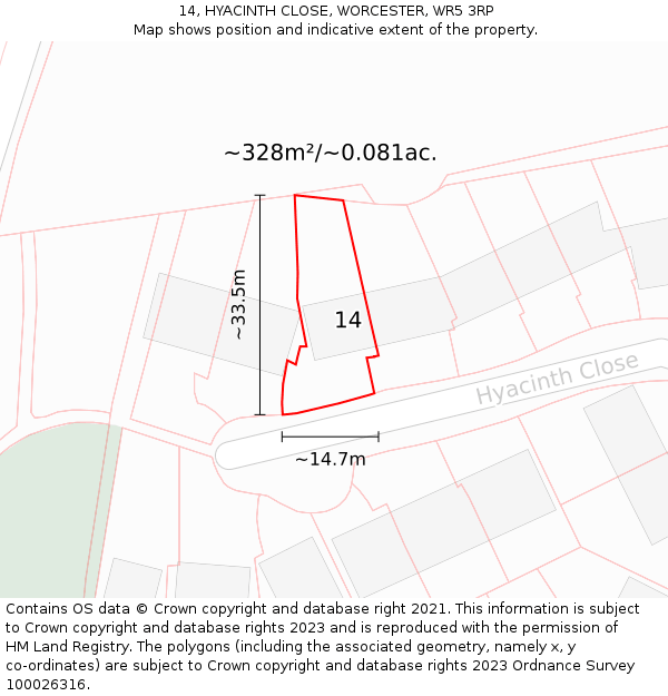 14, HYACINTH CLOSE, WORCESTER, WR5 3RP: Plot and title map