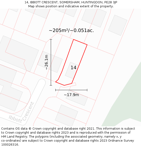 14, IBBOTT CRESCENT, SOMERSHAM, HUNTINGDON, PE28 3JP: Plot and title map