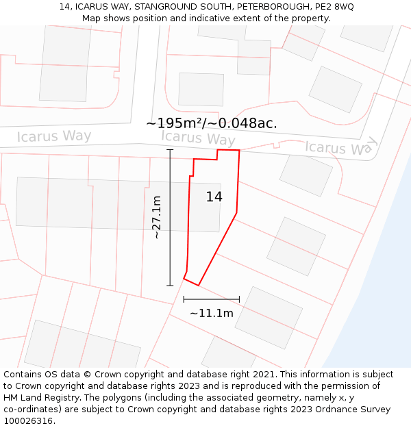 14, ICARUS WAY, STANGROUND SOUTH, PETERBOROUGH, PE2 8WQ: Plot and title map