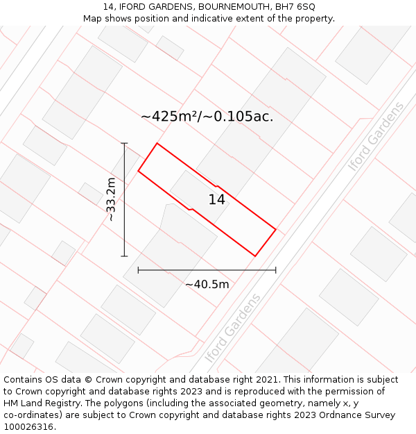 14, IFORD GARDENS, BOURNEMOUTH, BH7 6SQ: Plot and title map