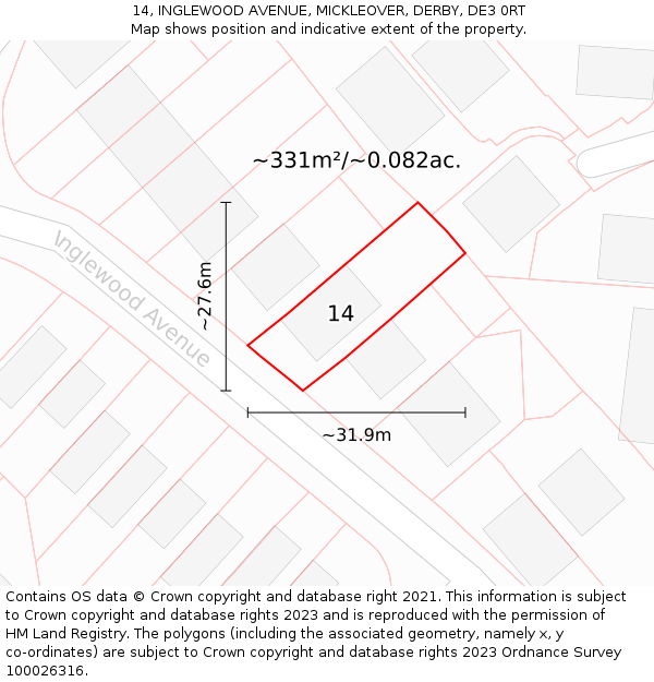 14, INGLEWOOD AVENUE, MICKLEOVER, DERBY, DE3 0RT: Plot and title map