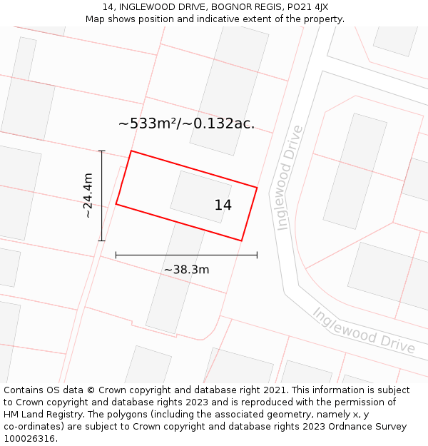 14, INGLEWOOD DRIVE, BOGNOR REGIS, PO21 4JX: Plot and title map