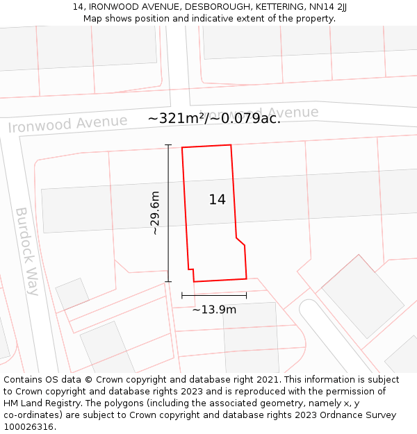 14, IRONWOOD AVENUE, DESBOROUGH, KETTERING, NN14 2JJ: Plot and title map