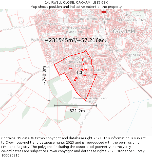 14, IRWELL CLOSE, OAKHAM, LE15 6SX: Plot and title map