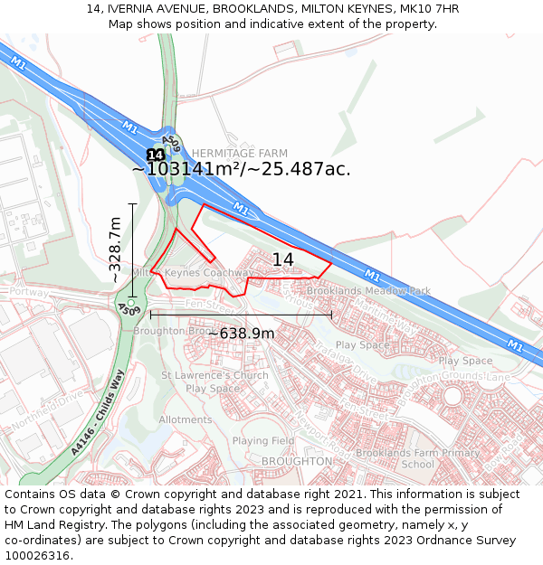 14, IVERNIA AVENUE, BROOKLANDS, MILTON KEYNES, MK10 7HR: Plot and title map