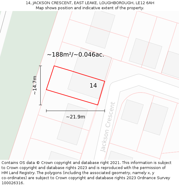 14, JACKSON CRESCENT, EAST LEAKE, LOUGHBOROUGH, LE12 6AH: Plot and title map