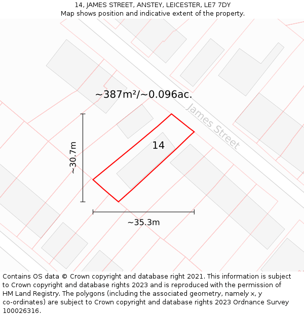 14, JAMES STREET, ANSTEY, LEICESTER, LE7 7DY: Plot and title map