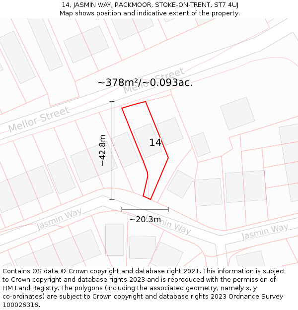 14, JASMIN WAY, PACKMOOR, STOKE-ON-TRENT, ST7 4UJ: Plot and title map