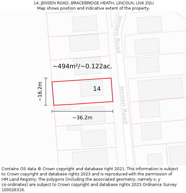 14, JENSEN ROAD, BRACEBRIDGE HEATH, LINCOLN, LN4 2QU: Plot and title map