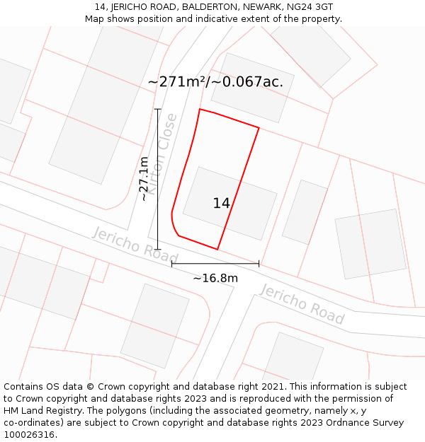 14, JERICHO ROAD, BALDERTON, NEWARK, NG24 3GT: Plot and title map