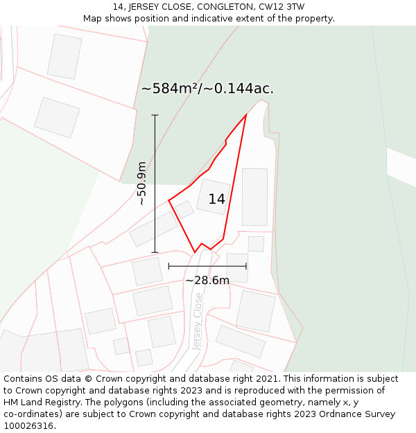 14, JERSEY CLOSE, CONGLETON, CW12 3TW: Plot and title map