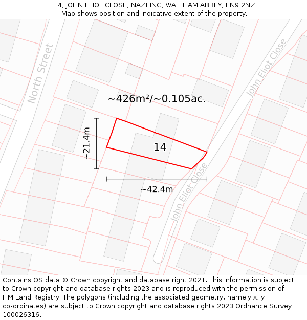 14, JOHN ELIOT CLOSE, NAZEING, WALTHAM ABBEY, EN9 2NZ: Plot and title map