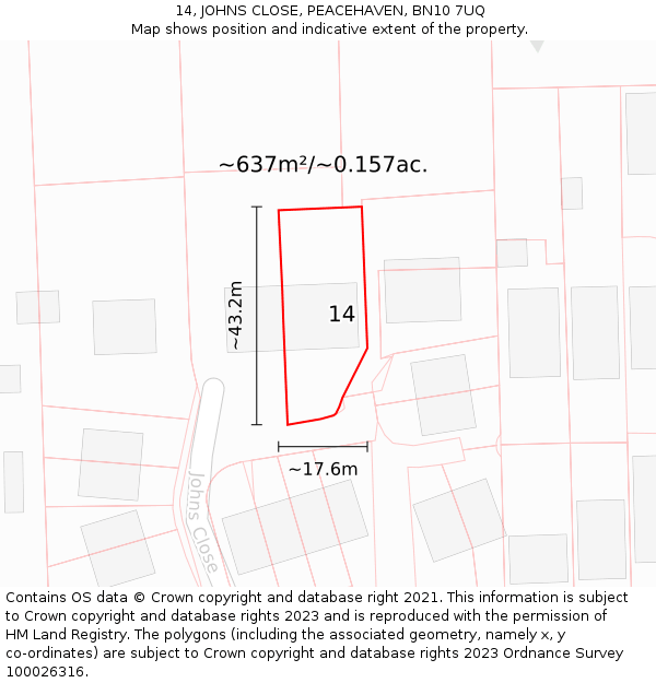 14, JOHNS CLOSE, PEACEHAVEN, BN10 7UQ: Plot and title map