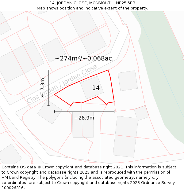 14, JORDAN CLOSE, MONMOUTH, NP25 5EB: Plot and title map