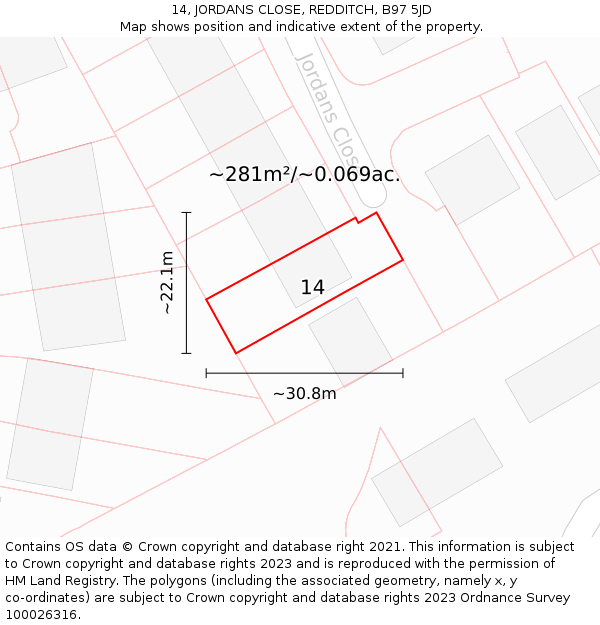 14, JORDANS CLOSE, REDDITCH, B97 5JD: Plot and title map
