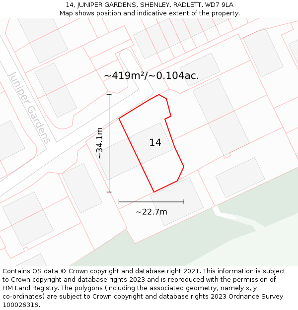 14, JUNIPER GARDENS, SHENLEY, RADLETT, WD7 9LA: Plot and title map