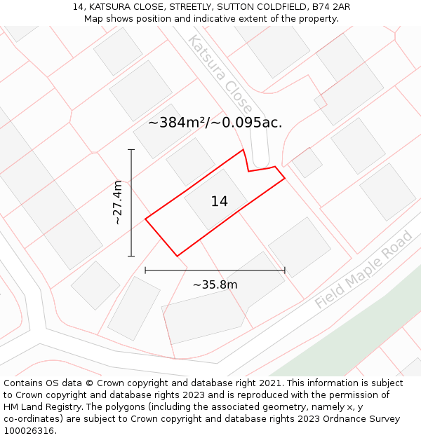 14, KATSURA CLOSE, STREETLY, SUTTON COLDFIELD, B74 2AR: Plot and title map