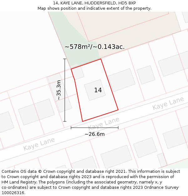 14, KAYE LANE, HUDDERSFIELD, HD5 8XP: Plot and title map