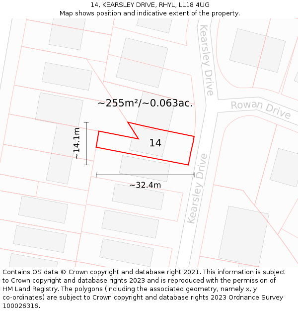 14, KEARSLEY DRIVE, RHYL, LL18 4UG: Plot and title map