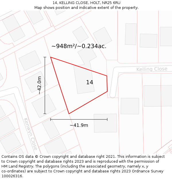 14, KELLING CLOSE, HOLT, NR25 6RU: Plot and title map