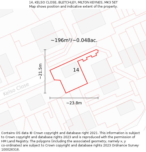 14, KELSO CLOSE, BLETCHLEY, MILTON KEYNES, MK3 5ET: Plot and title map