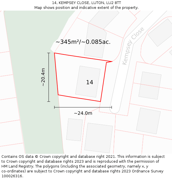 14, KEMPSEY CLOSE, LUTON, LU2 8TT: Plot and title map