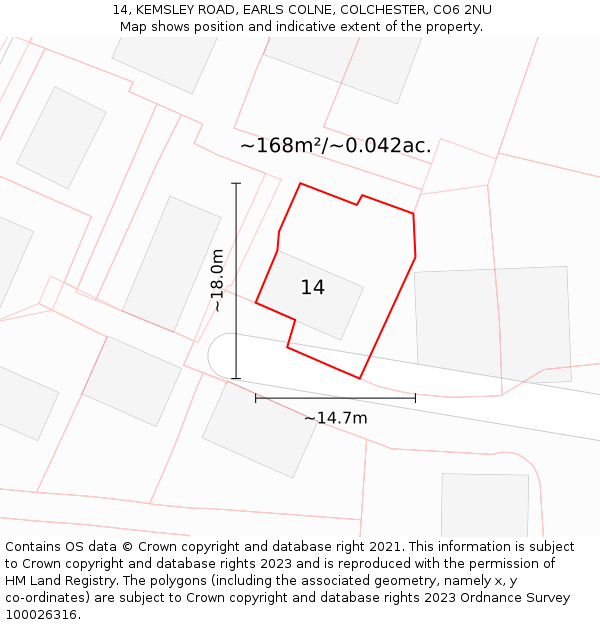 14, KEMSLEY ROAD, EARLS COLNE, COLCHESTER, CO6 2NU: Plot and title map