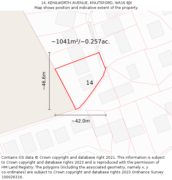 14, KENILWORTH AVENUE, KNUTSFORD, WA16 8JX: Plot and title map