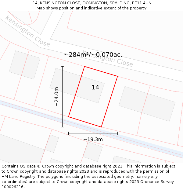 14, KENSINGTON CLOSE, DONINGTON, SPALDING, PE11 4UN: Plot and title map