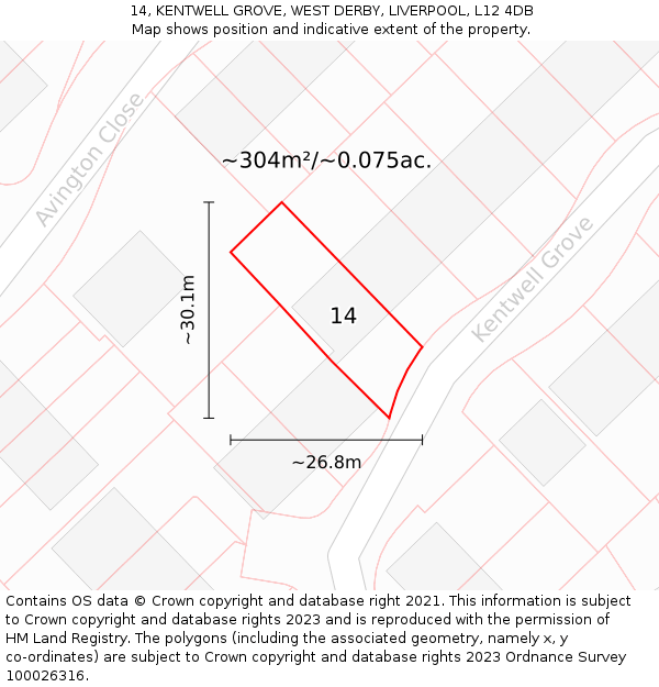 14, KENTWELL GROVE, WEST DERBY, LIVERPOOL, L12 4DB: Plot and title map