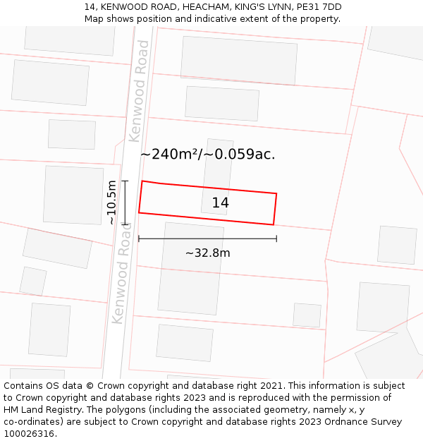 14, KENWOOD ROAD, HEACHAM, KING'S LYNN, PE31 7DD: Plot and title map