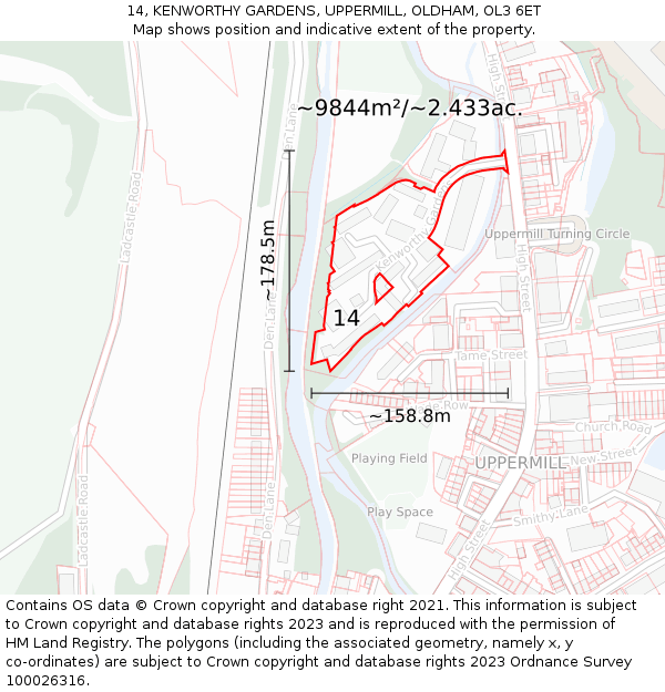 14, KENWORTHY GARDENS, UPPERMILL, OLDHAM, OL3 6ET: Plot and title map