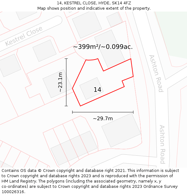 14, KESTREL CLOSE, HYDE, SK14 4FZ: Plot and title map