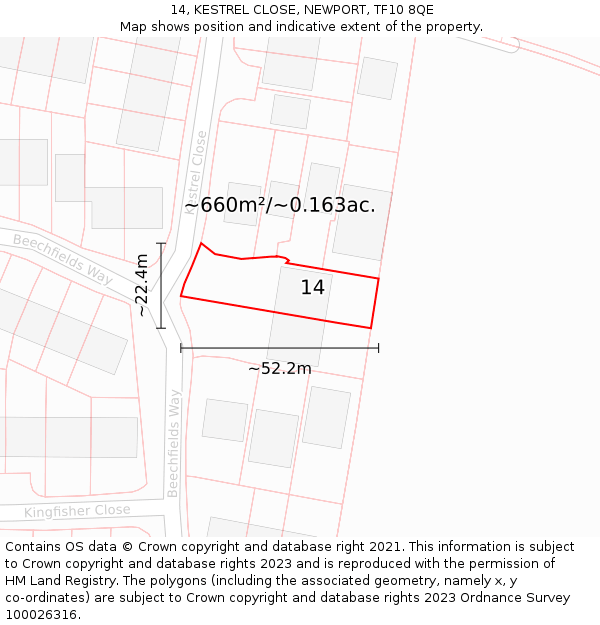 14, KESTREL CLOSE, NEWPORT, TF10 8QE: Plot and title map