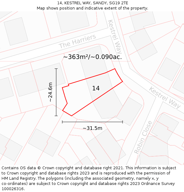 14, KESTREL WAY, SANDY, SG19 2TE: Plot and title map