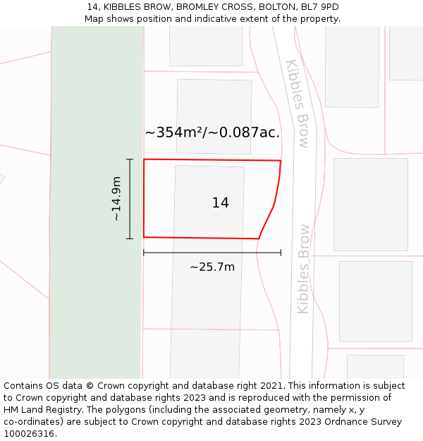 14, KIBBLES BROW, BROMLEY CROSS, BOLTON, BL7 9PD: Plot and title map