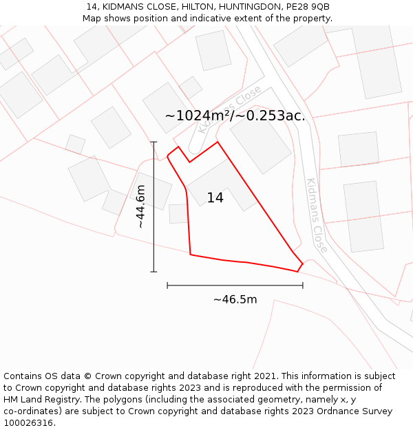 14, KIDMANS CLOSE, HILTON, HUNTINGDON, PE28 9QB: Plot and title map