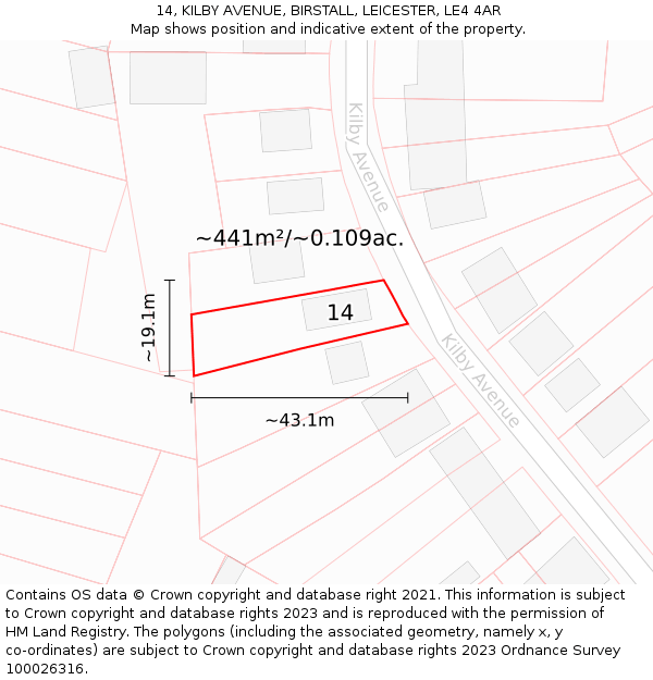 14, KILBY AVENUE, BIRSTALL, LEICESTER, LE4 4AR: Plot and title map