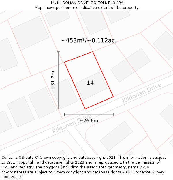 14, KILDONAN DRIVE, BOLTON, BL3 4PA: Plot and title map