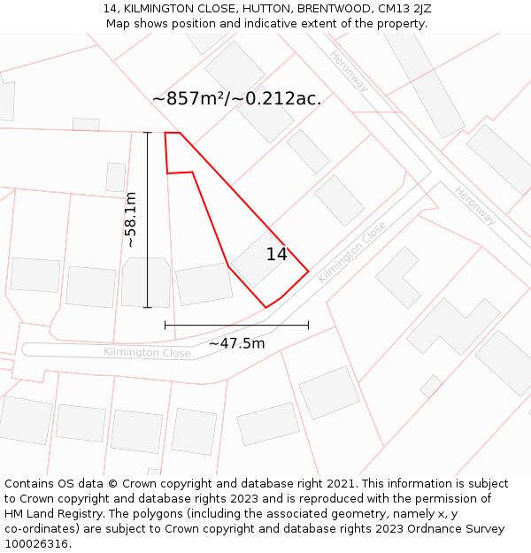 14, KILMINGTON CLOSE, HUTTON, BRENTWOOD, CM13 2JZ: Plot and title map