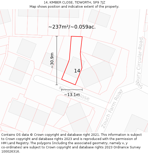 14, KIMBER CLOSE, TIDWORTH, SP9 7JZ: Plot and title map