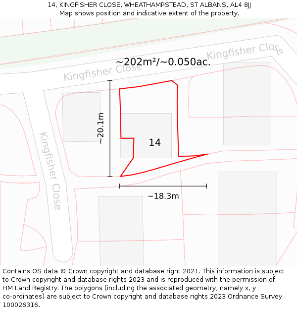 14, KINGFISHER CLOSE, WHEATHAMPSTEAD, ST ALBANS, AL4 8JJ: Plot and title map