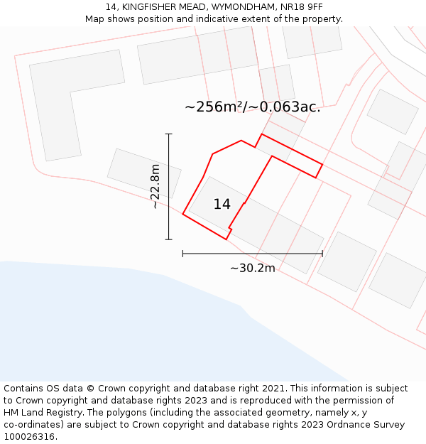 14, KINGFISHER MEAD, WYMONDHAM, NR18 9FF: Plot and title map