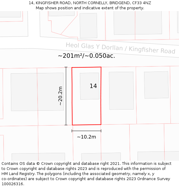 14, KINGFISHER ROAD, NORTH CORNELLY, BRIDGEND, CF33 4NZ: Plot and title map